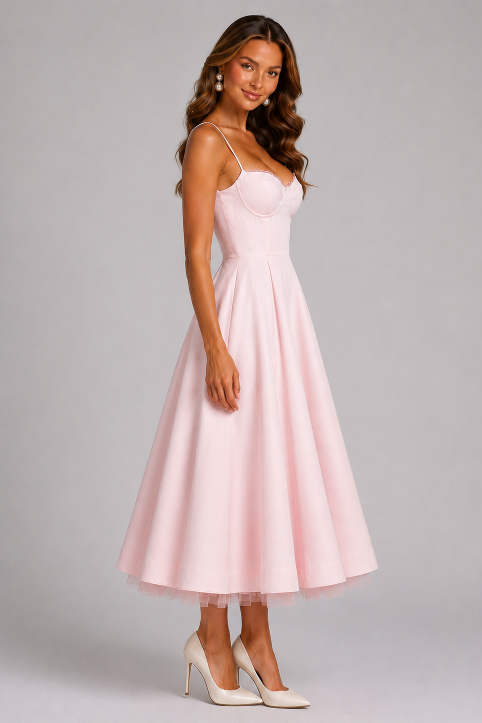 Romilly | Corset Spaghetti Strap Midi Wedding Guest Dress