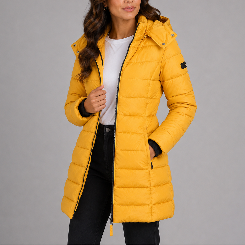 Genevieve | Womens Long Black Puffer Coat for Winter — Yellow