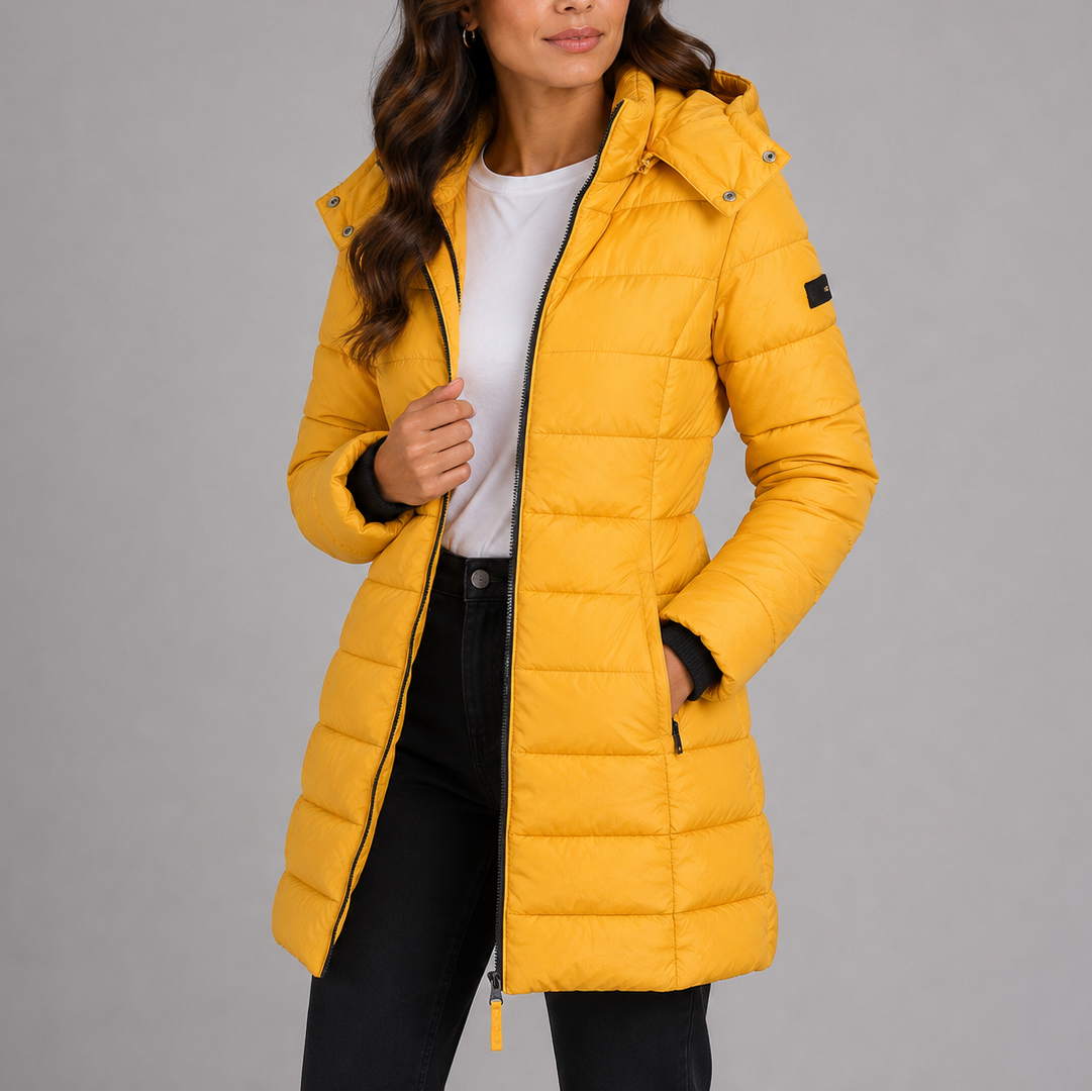 Genevieve | Womens Long Black Puffer Coat for Winter — Yellow