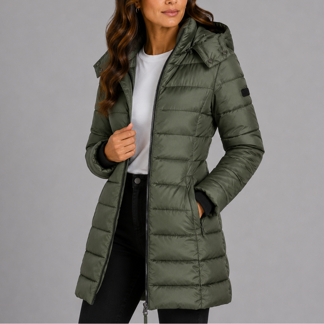 Genevieve | Womens Long Black Puffer Coat for Winter — Green