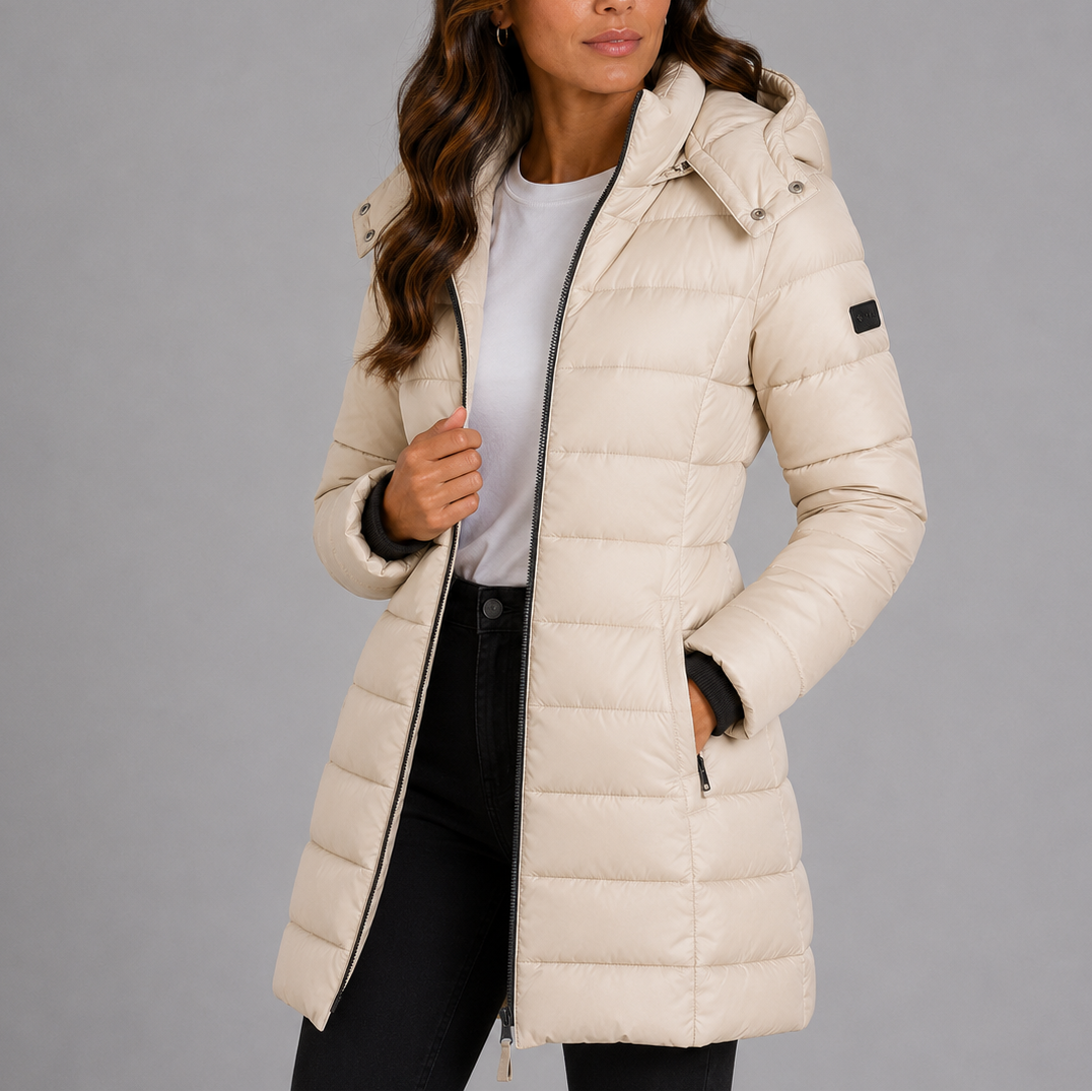 Genevieve | Womens Long Black Puffer Coat for Winter — Beige