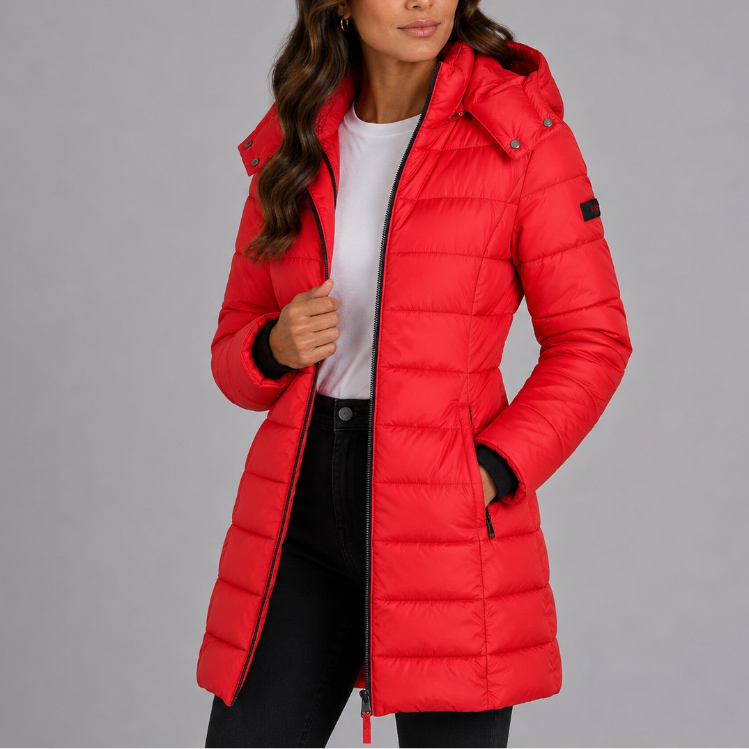 Genevieve | Womens Long Black Puffer Coat for Winter — Red