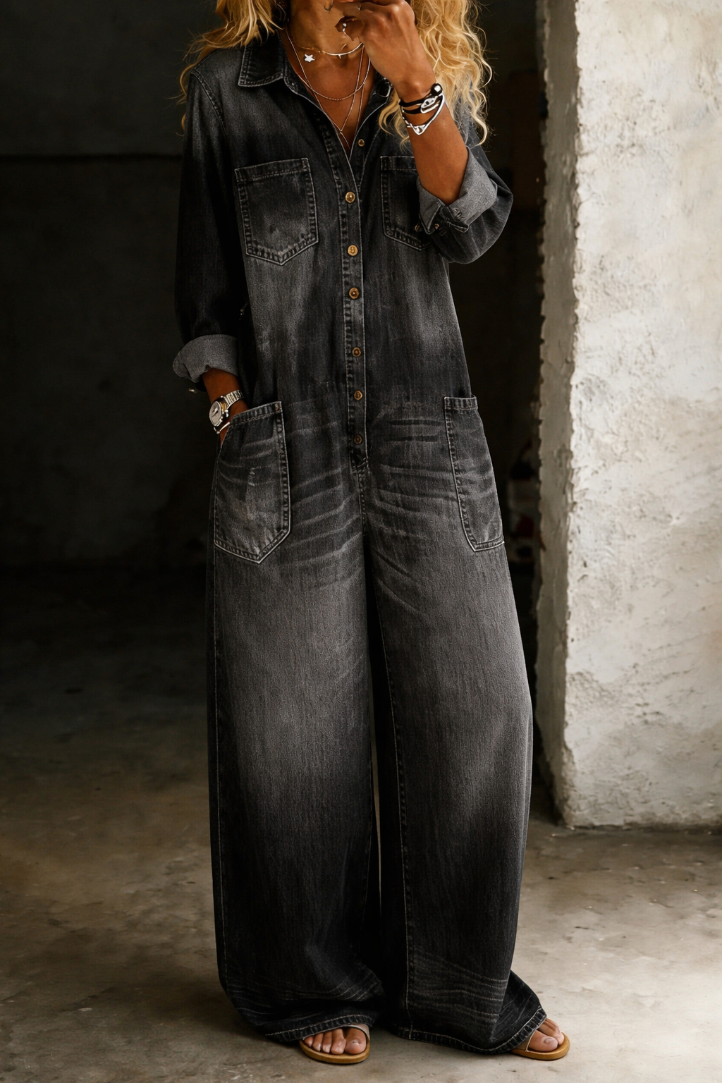 Eulalie | Long Sleeve Wide Leg Jumpsuit Casual One-Piece — Black