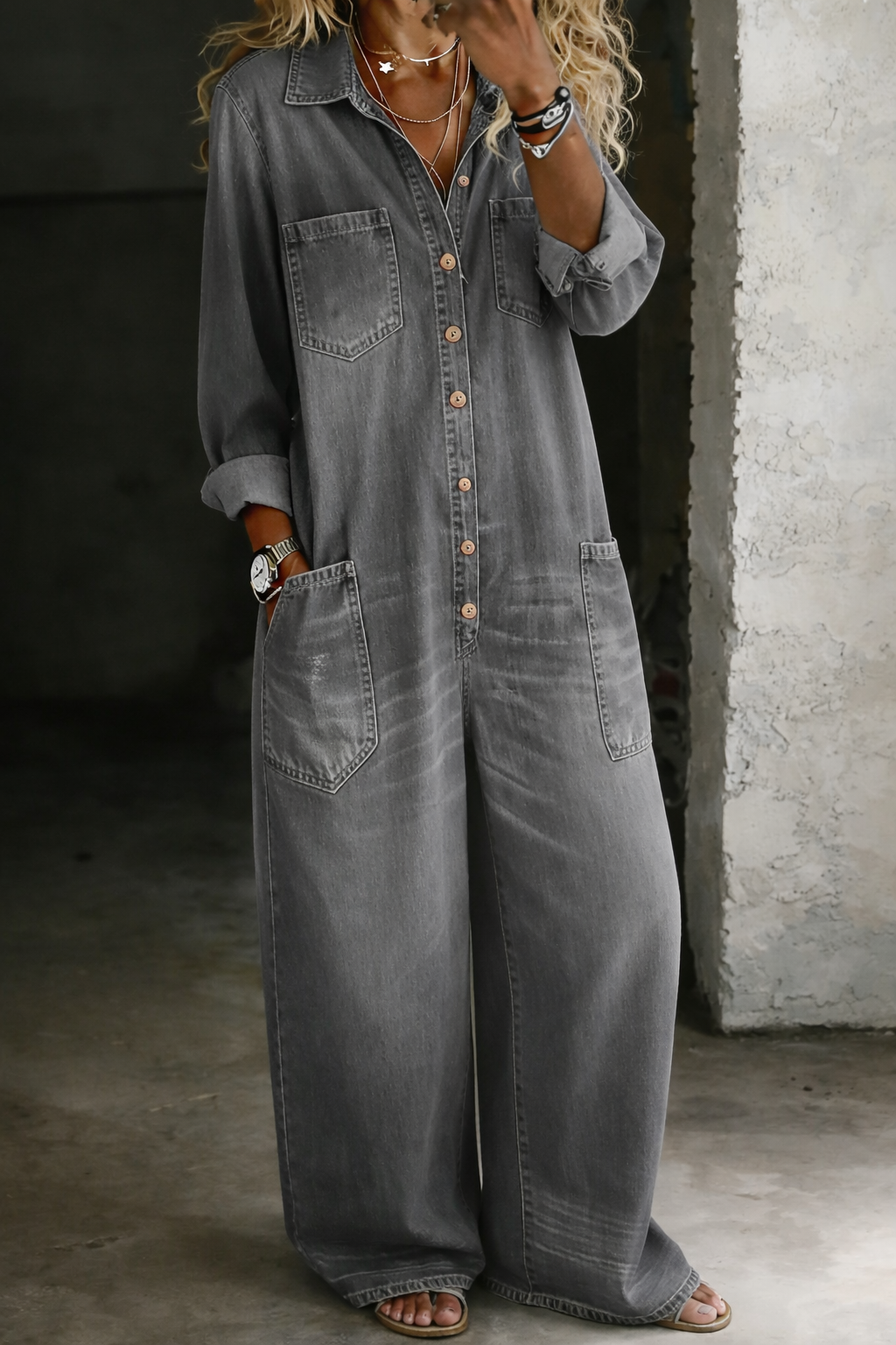 Eulalie | Long Sleeve Wide Leg Jumpsuit Casual One-Piece — Grey