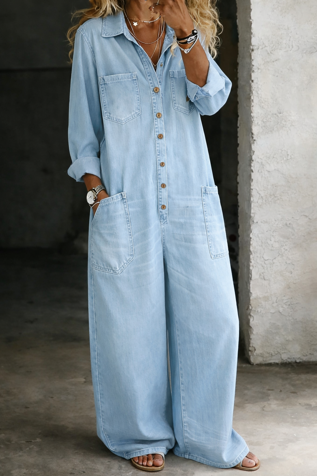 Eulalie | Long Sleeve Wide Leg Jumpsuit Casual One-Piece — Light Blue