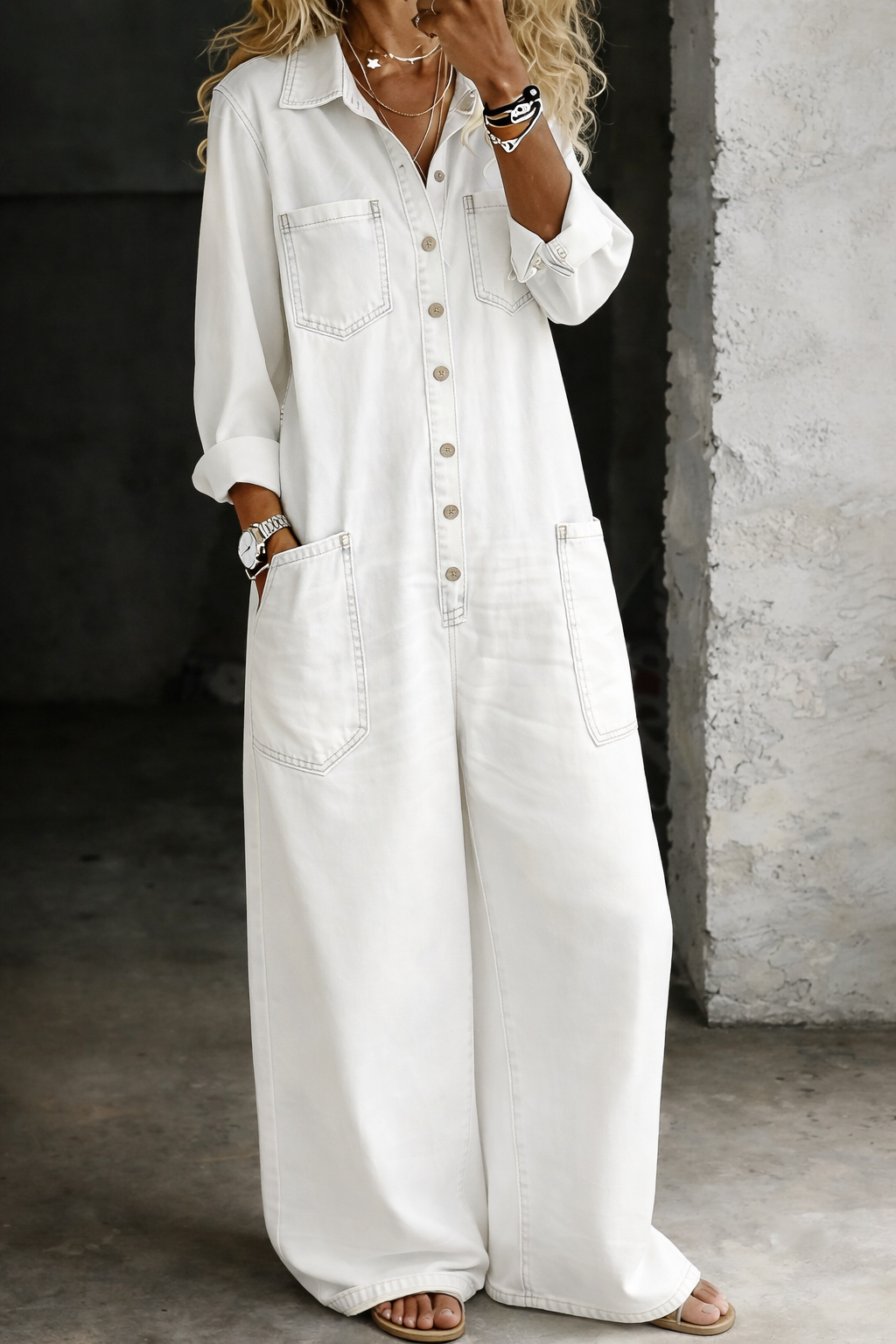 Eulalie | Long Sleeve Wide Leg Jumpsuit Casual One-Piece — White
