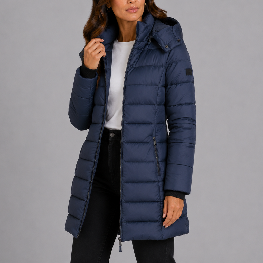 Genevieve | Womens Long Black Puffer Coat for Winter — Navy