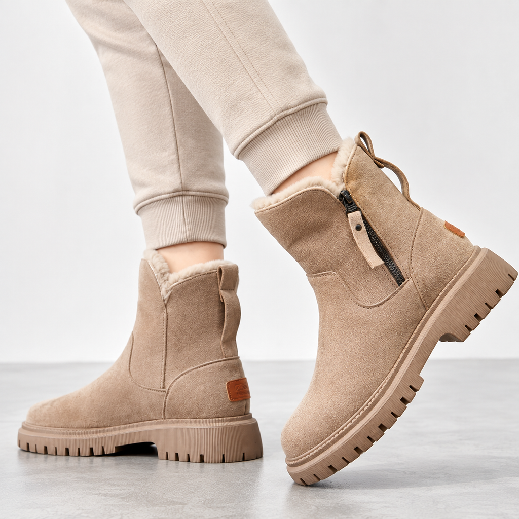 Juliette | Black Chunky Heeled Ankle Boots For Winter — Beige
