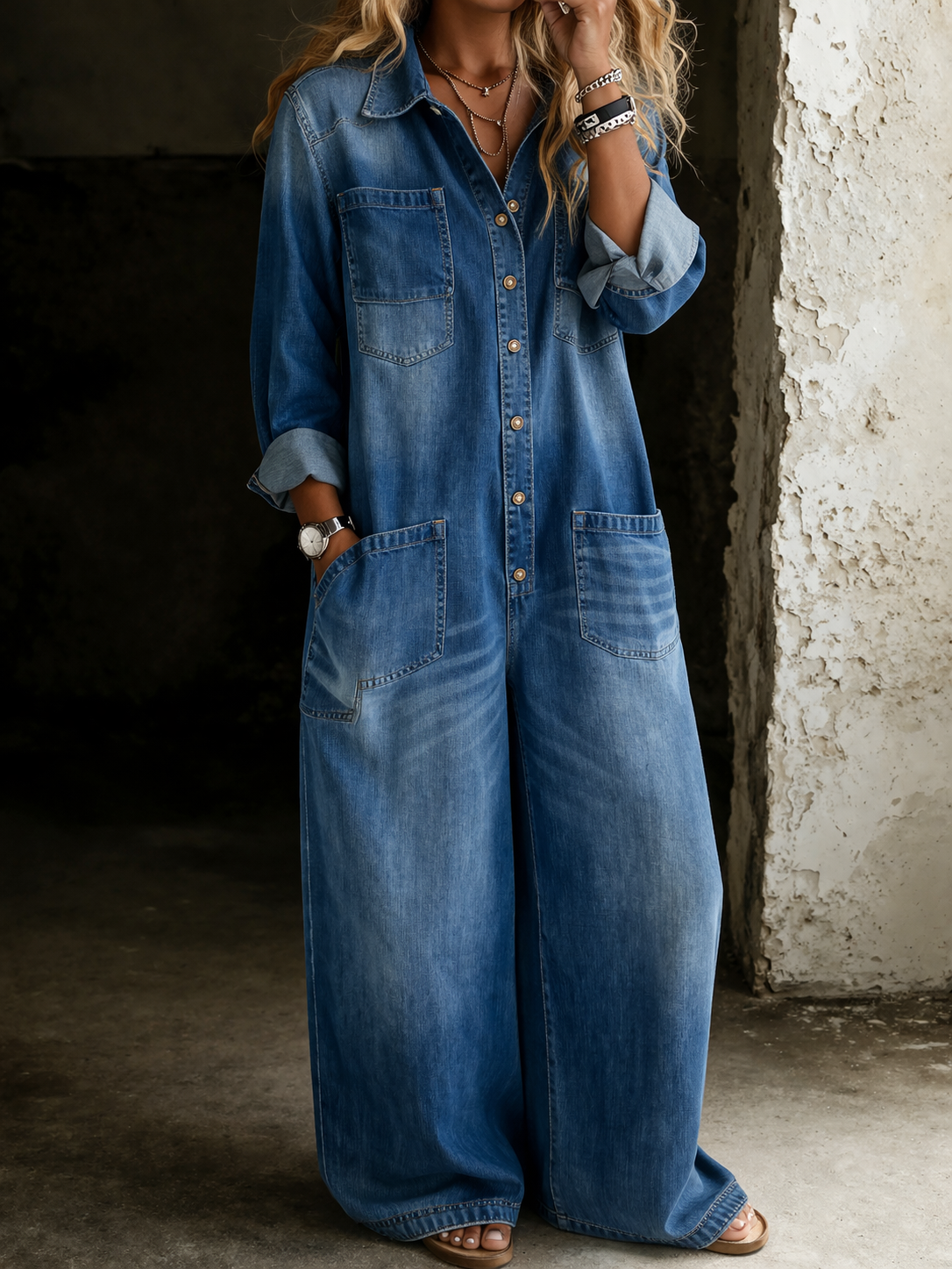 Eulalie | Long Sleeve Wide Leg Jumpsuit Casual One-Piece — Blue