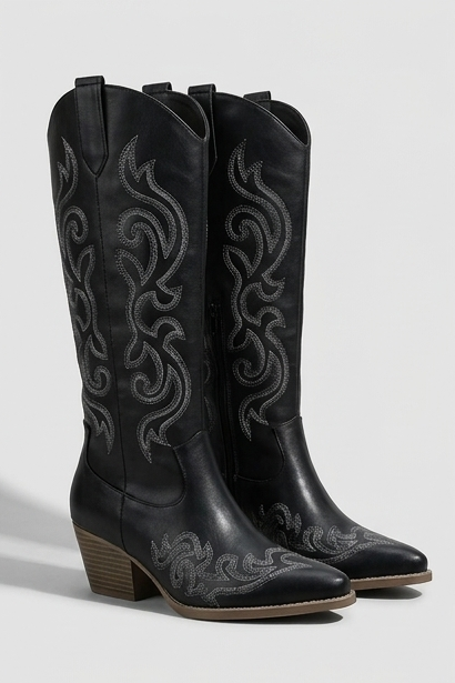 Savannah | High Knee Black Leather Western Block Heel Boots — Black