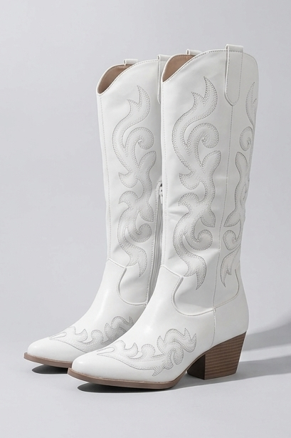 Savannah | High Knee Black Leather Western Block Heel Boots — White