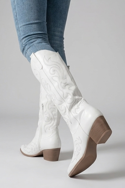 Savannah | High Knee Black Leather Western Block Heel Boots