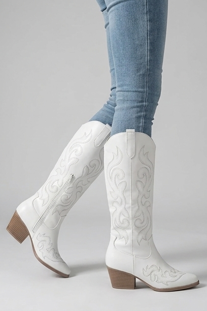 Savannah | High Knee Black Leather Western Block Heel Boots