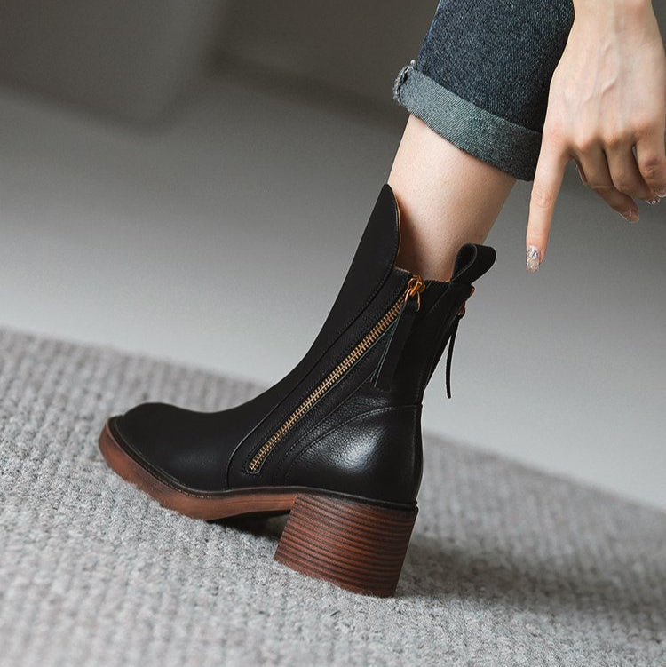 Lucinda | Black Brown Leather Low Heeled Ankle Boots High Heel