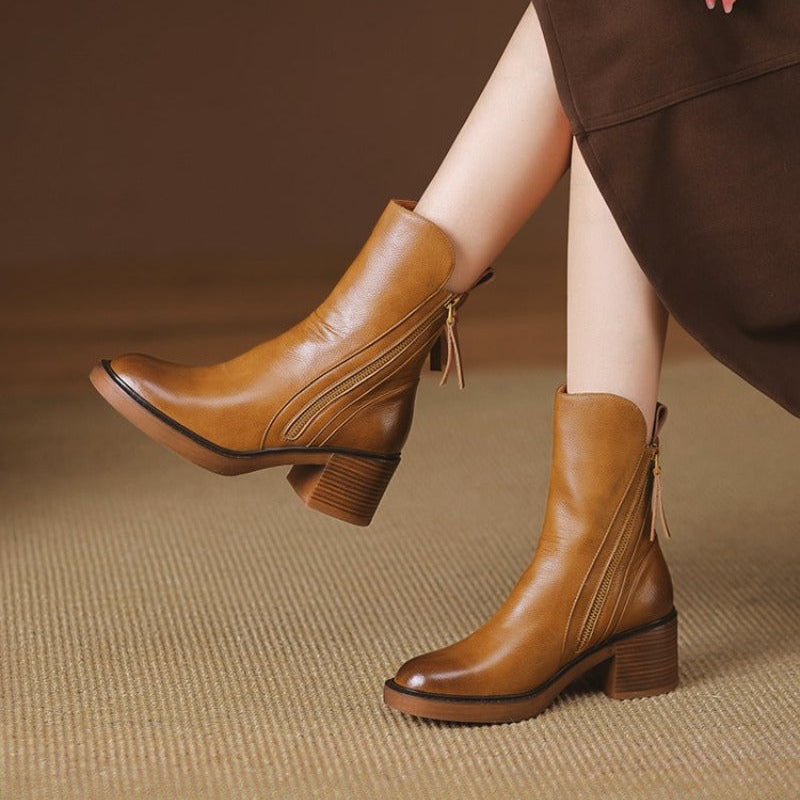 Lucinda | Black Brown Leather Low Heeled Ankle Boots High Heel