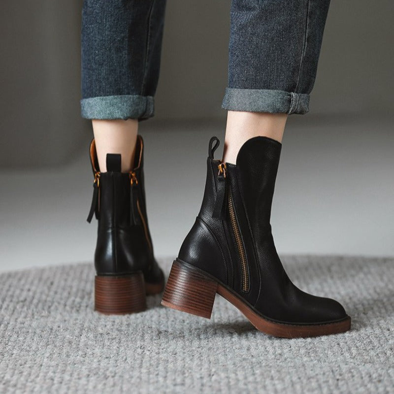 Lucinda | Black Brown Leather Low Heeled Ankle Boots High Heel