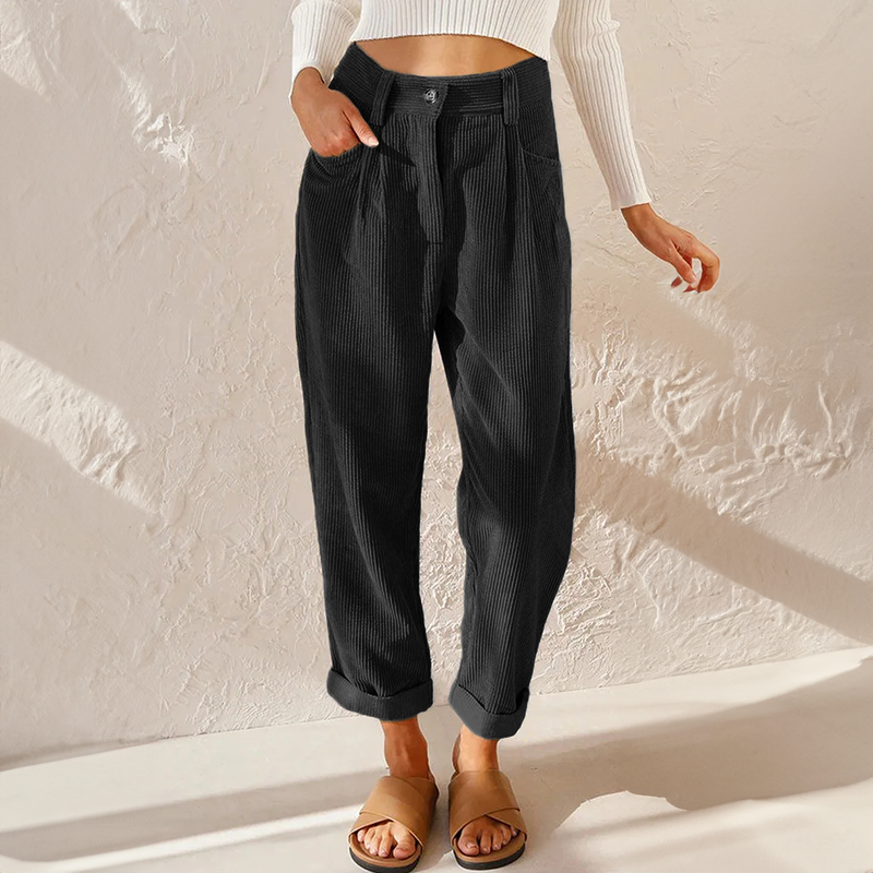 Clemence | High Waisted Black Pleated Corduroy Trousers