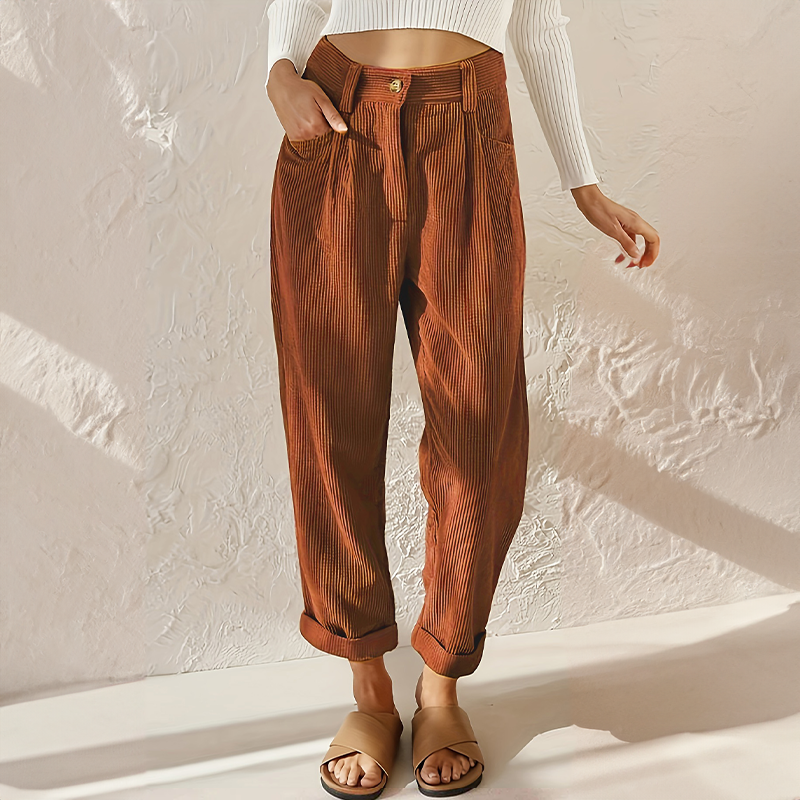 Clemence | High Waisted Black Pleated Corduroy Trousers