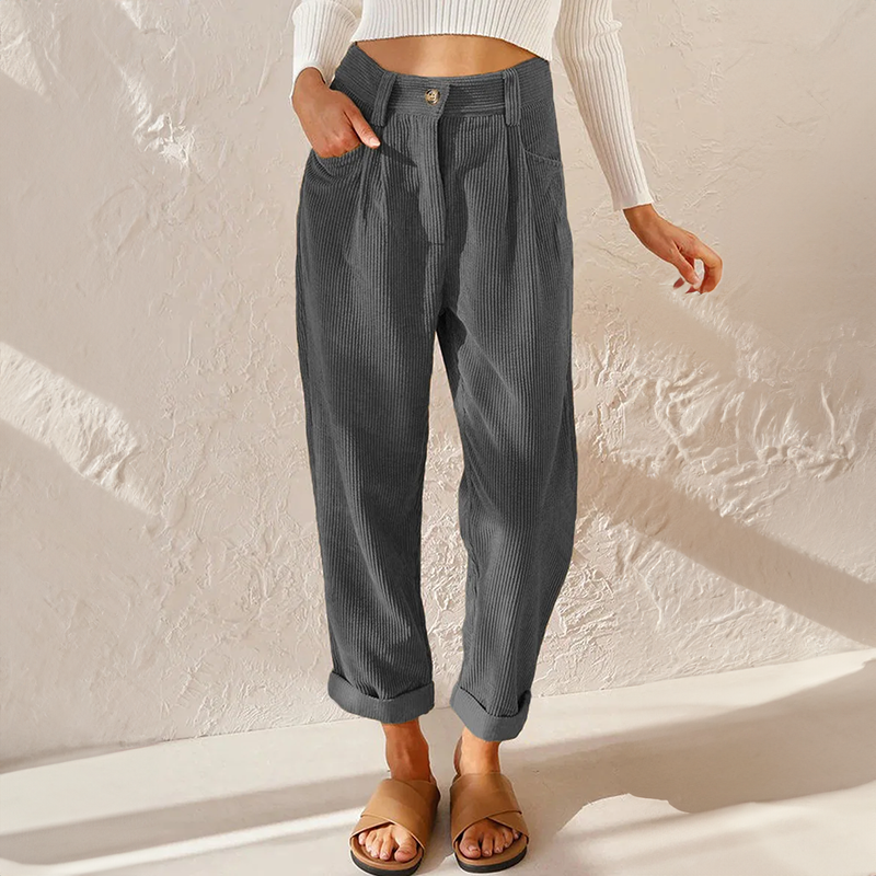 Clemence | High Waisted Black Pleated Corduroy Trousers