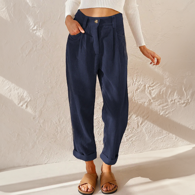 Clemence | High Waisted Black Pleated Corduroy Trousers