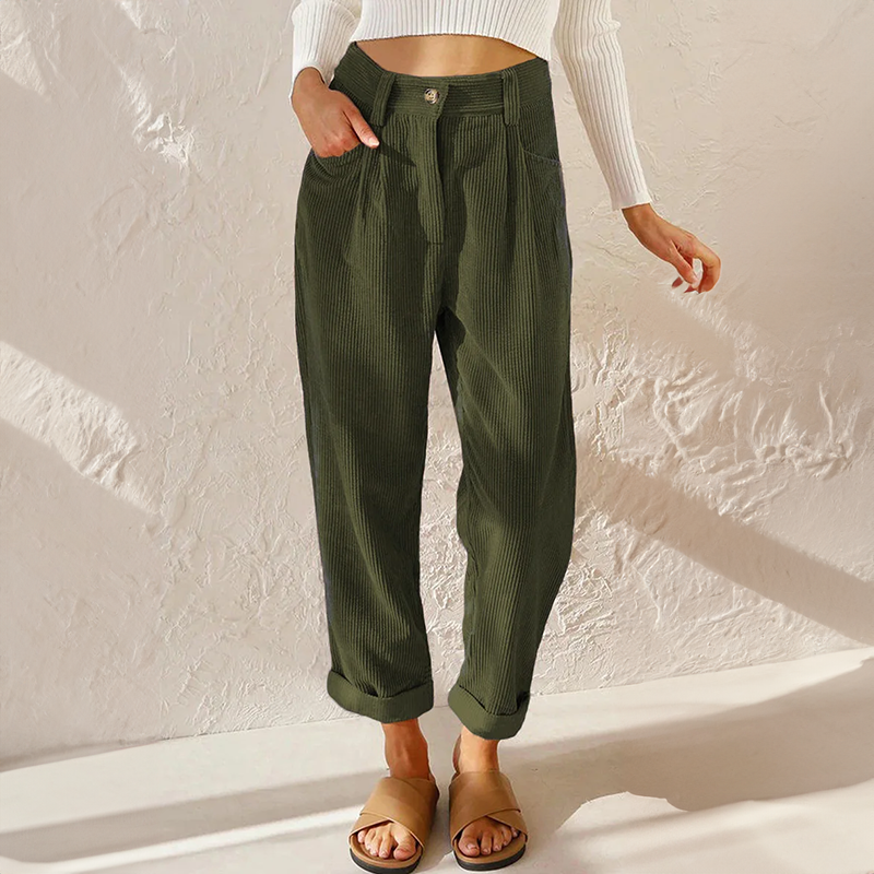 Clemence | High Waisted Black Pleated Corduroy Trousers