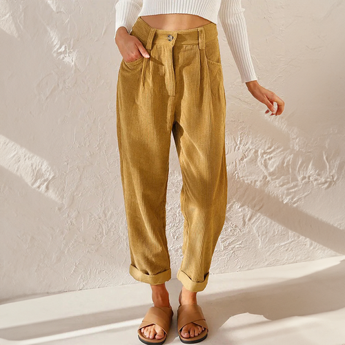 Clemence | High Waisted Black Pleated Corduroy Trousers
