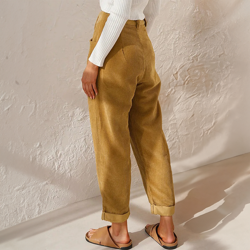 Clemence | High Waisted Black Pleated Corduroy Trousers