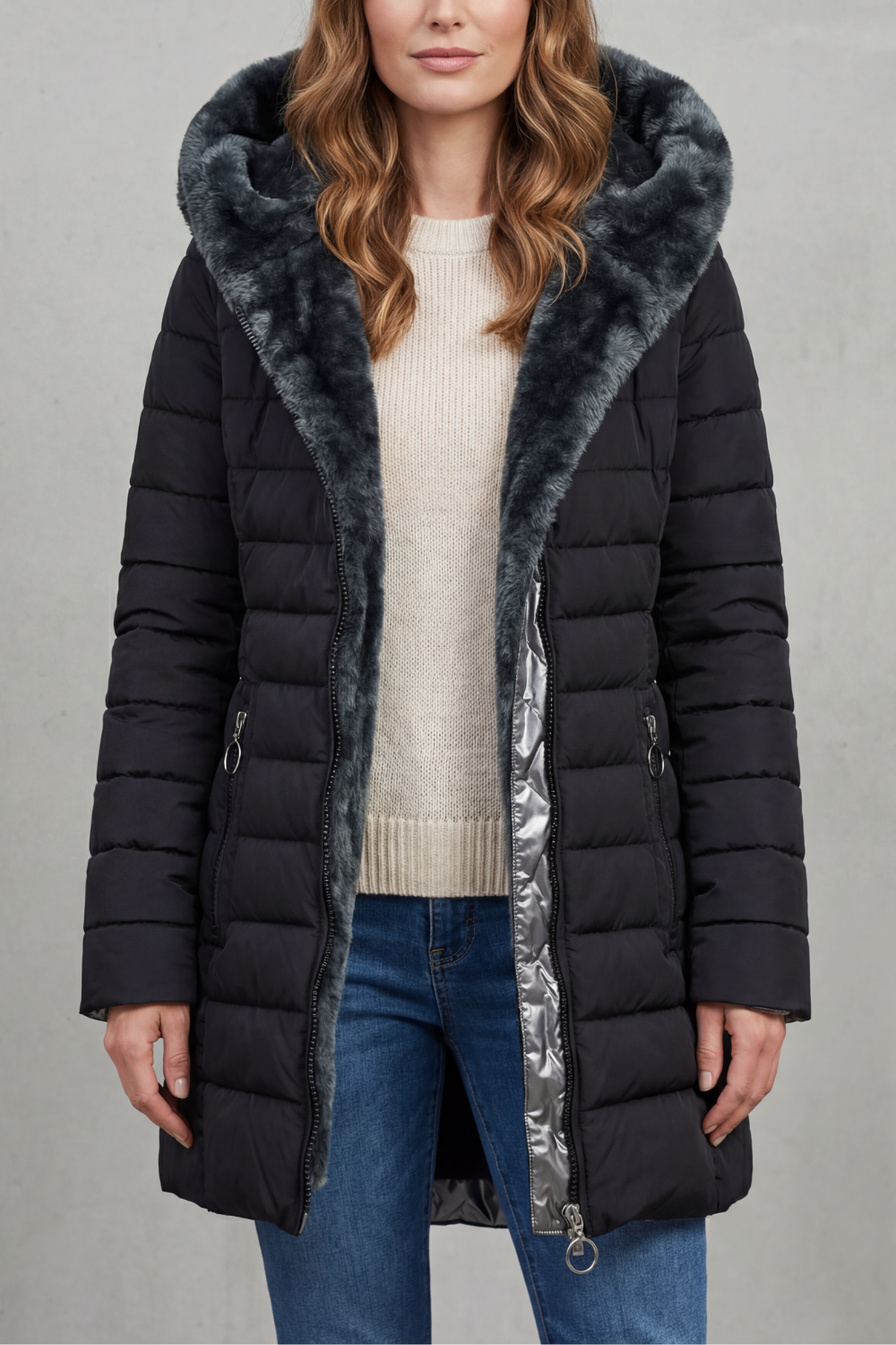 Isolde | Pink Black Faux Fur Hood Winter Parka Coats — Black