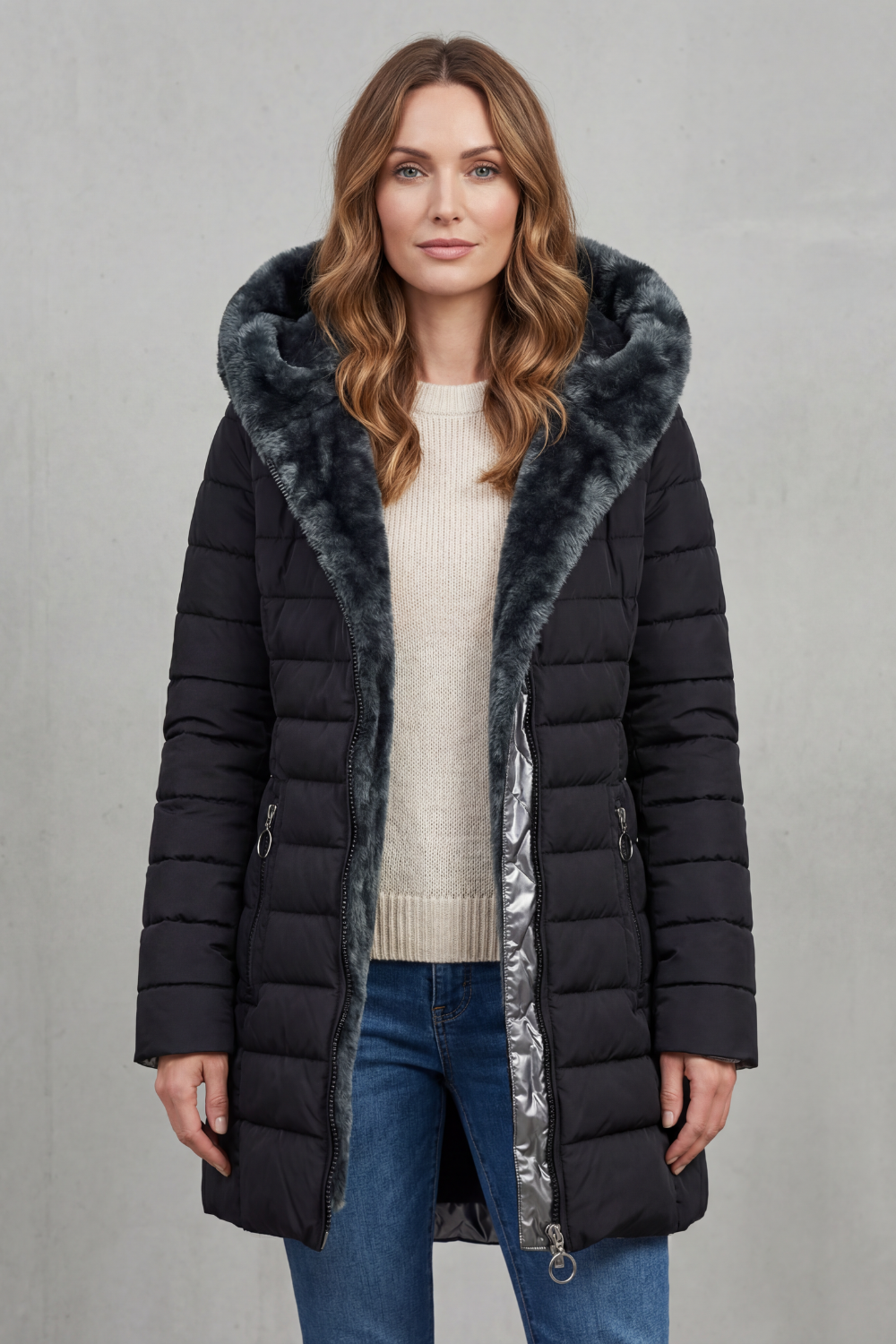 Isolde | Pink Black Faux Fur Hood Winter Parka Coats