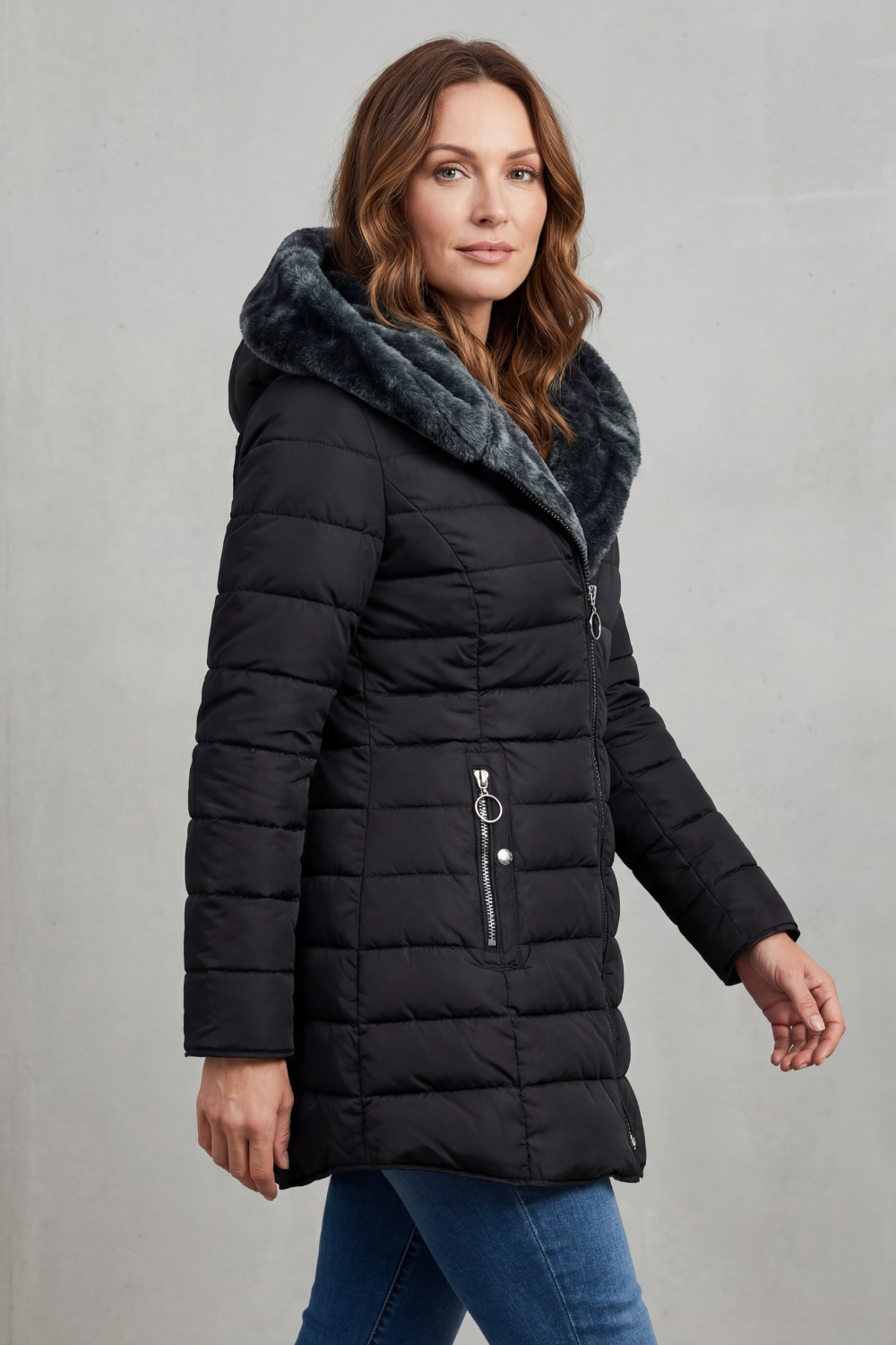 Isolde | Pink Black Faux Fur Hood Winter Parka Coats