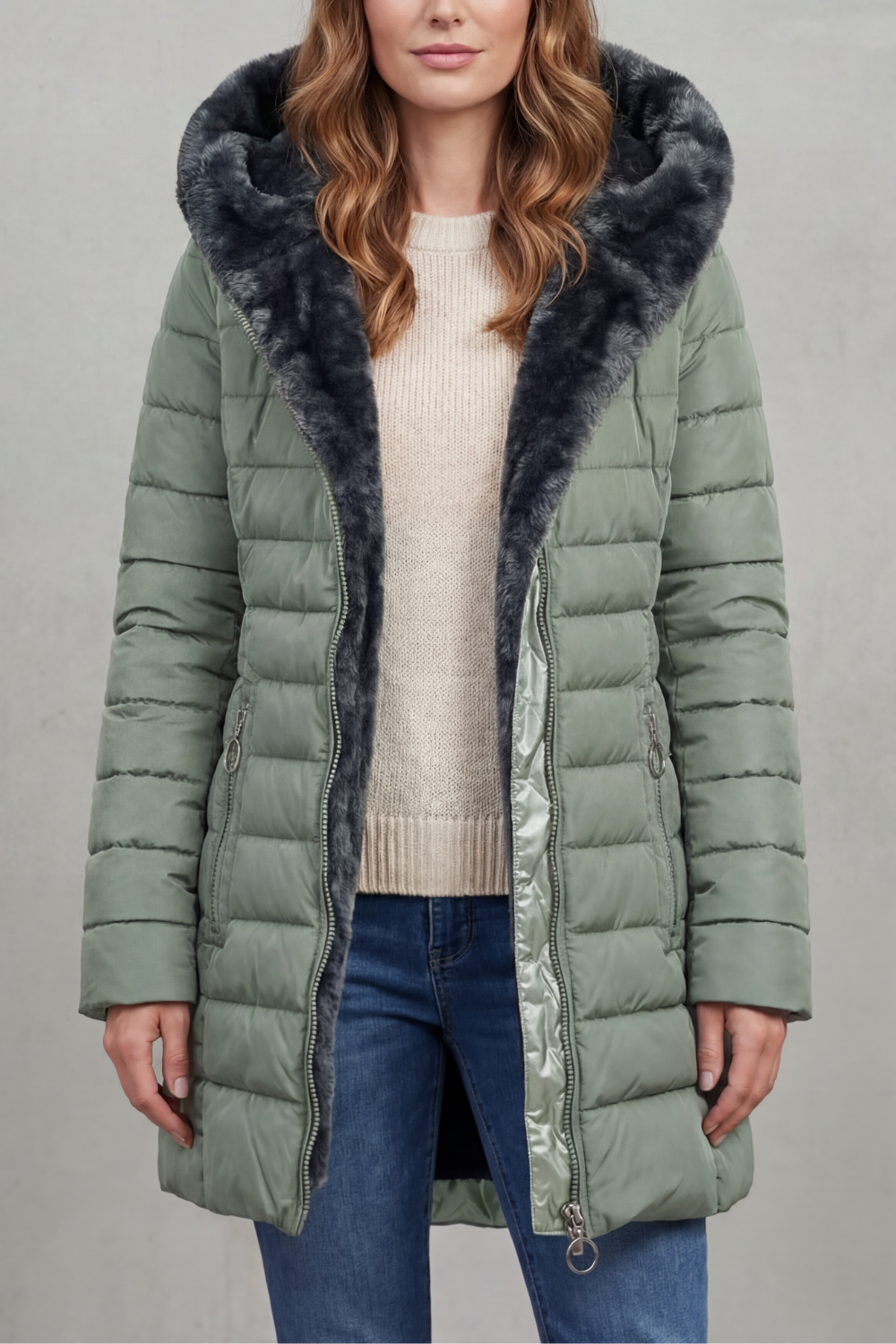 Isolde | Pink Black Faux Fur Hood Winter Parka Coats — Pale Green