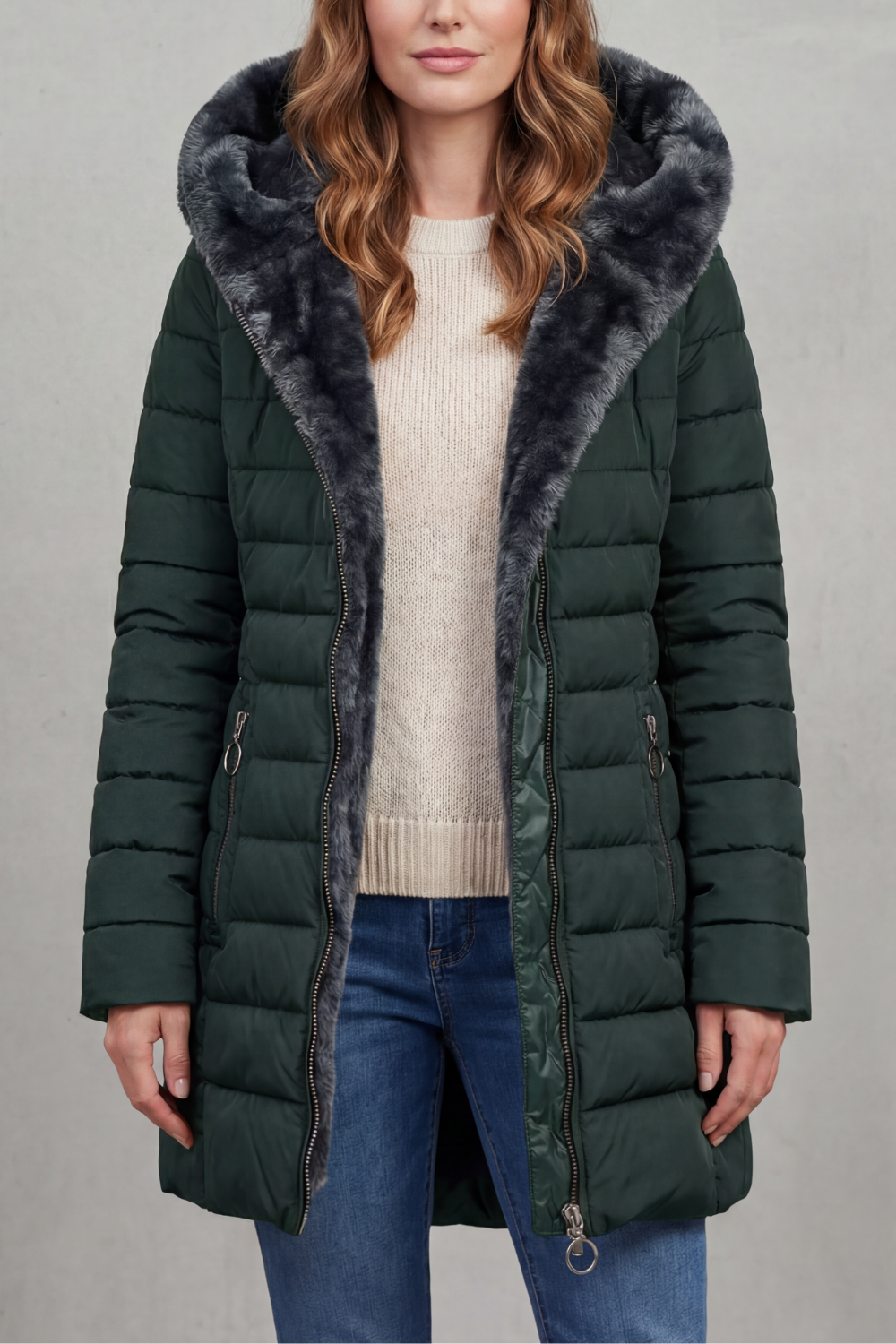 Isolde | Pink Black Faux Fur Hood Winter Parka Coats — Dark Green