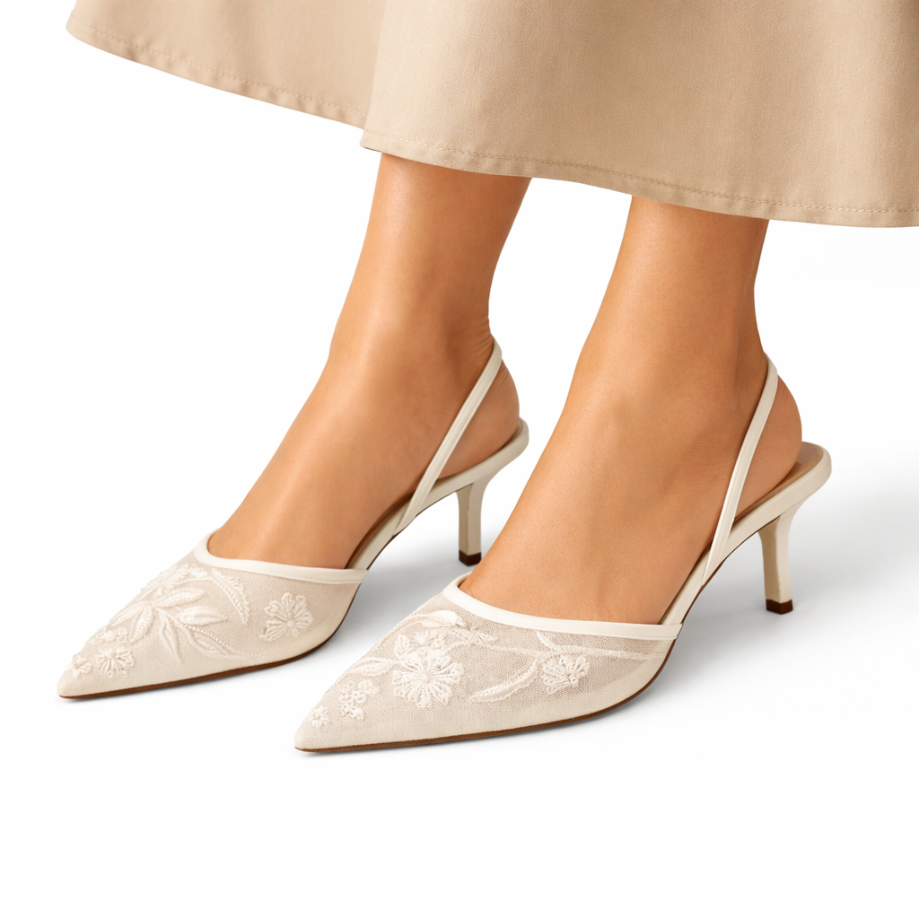 Josephine | Embroidered Mesh Mule Heels Pointed Toe Wedding Guest
