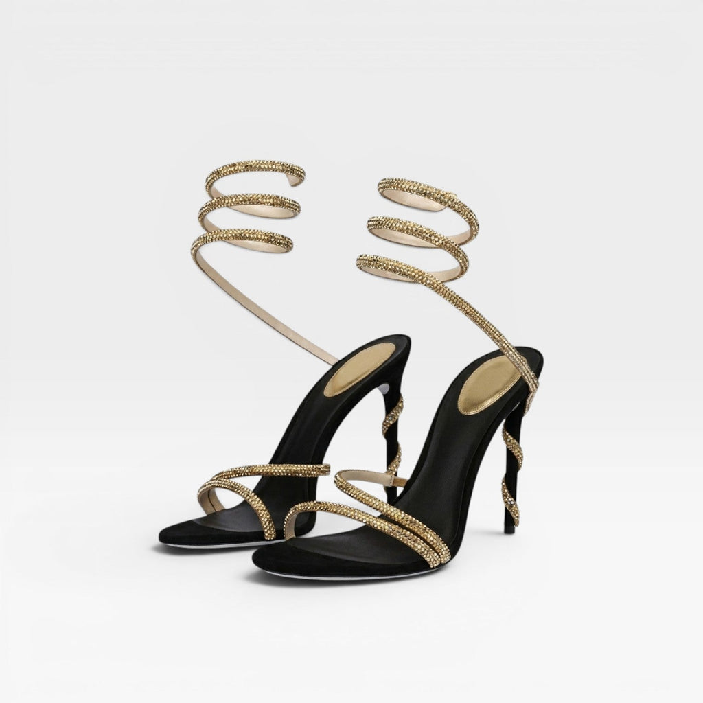 Seraphina | Gold Block Heels For Wedding With Diamante Wrap Detail