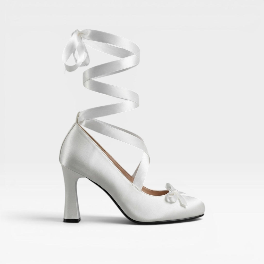 Wilhelmina | Gold Block Heels For Wedding With Satin Ribbon Ties