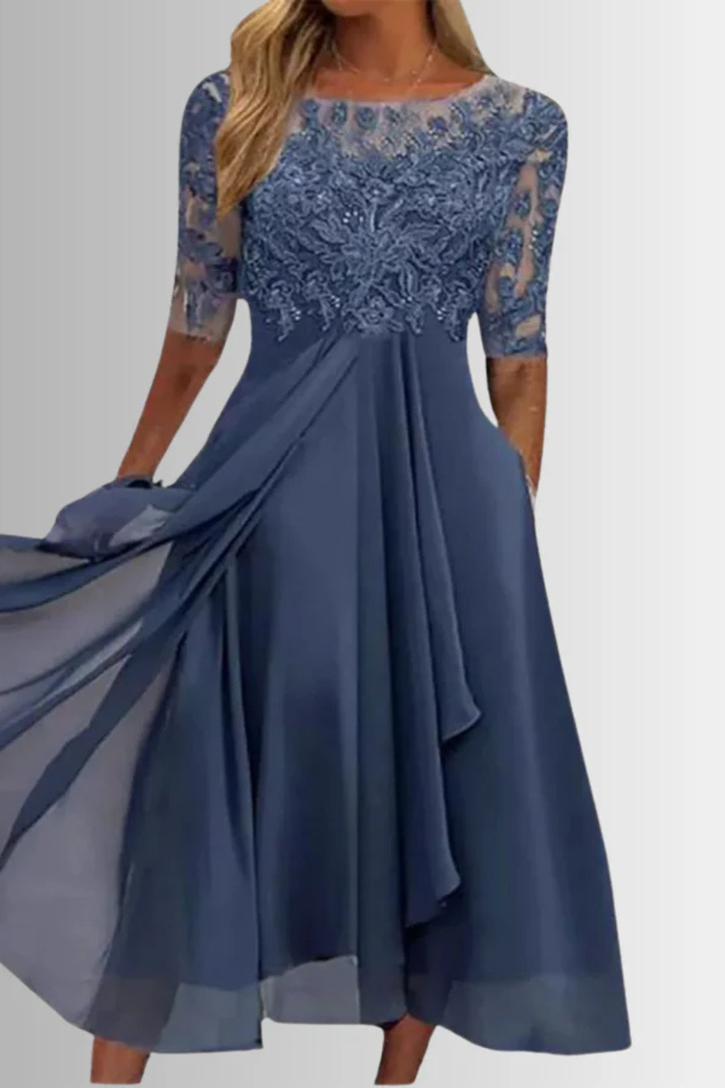 Edith | Women Long Sleeve Chiffon Midi Wedding Guest Dresses