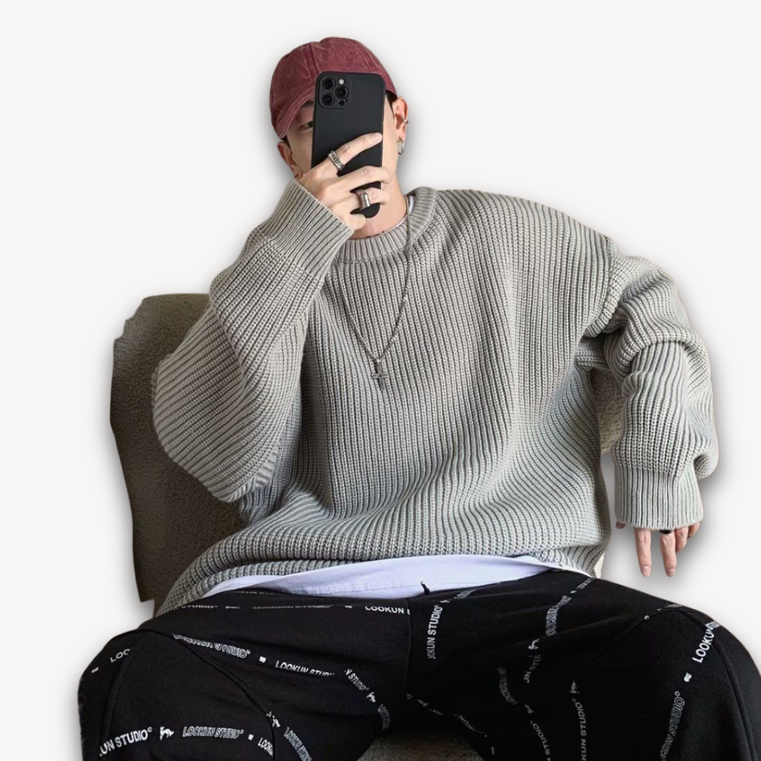 Persephone | Cream Chunky Cable Knit Roll Neck Oversized Jumper Sweater — Grey