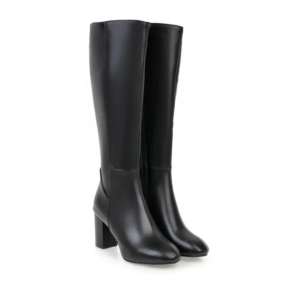 Lucinda | Black Leather Knee High Heeled Boots With Suede — Black