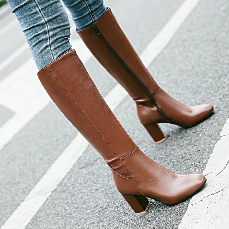 Lucinda | Black Leather Knee High Heeled Boots With Suede