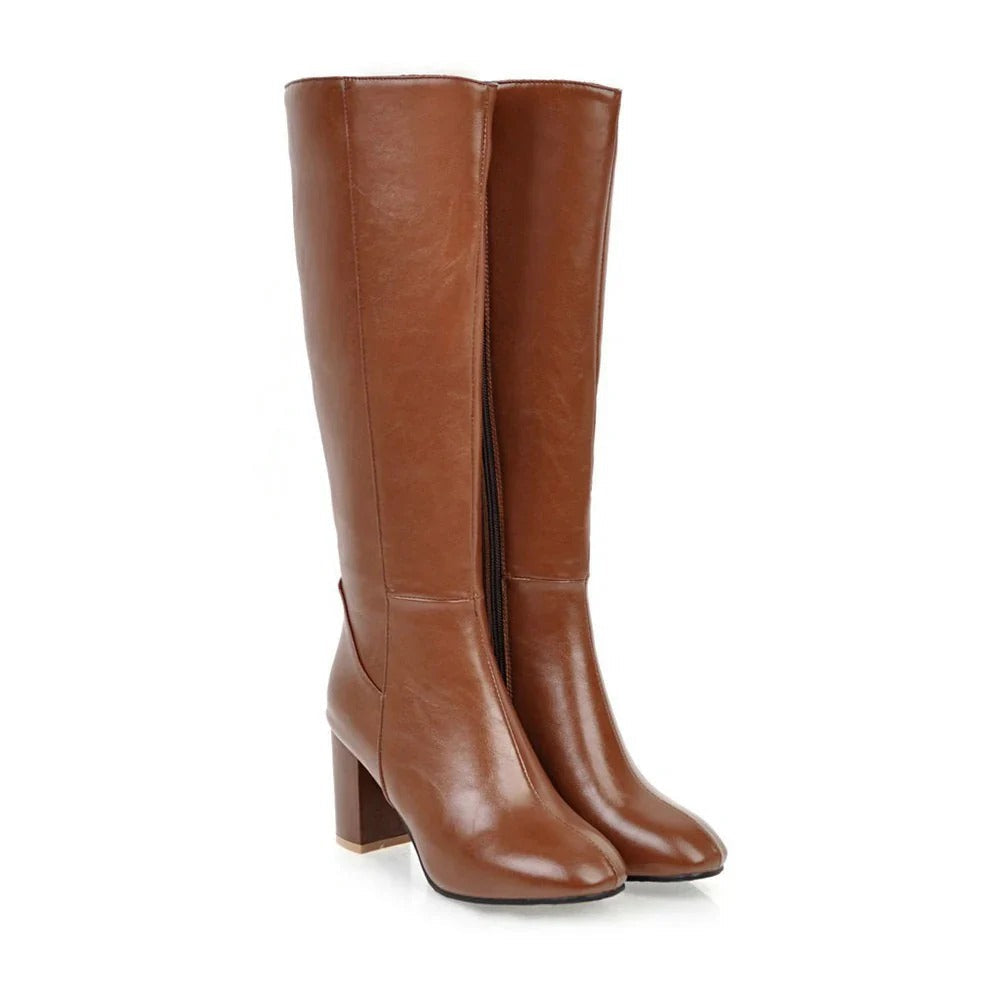 Lucinda | Black Leather Knee High Heeled Boots With Suede — Brown