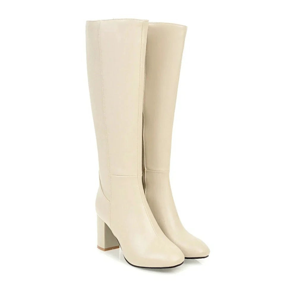 Lucinda | Black Leather Knee High Heeled Boots With Suede — Beige