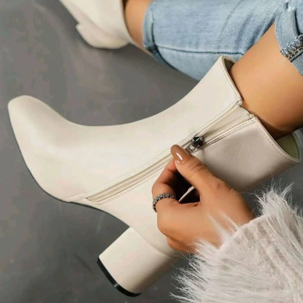 Faustine | Black Chunky Block Heel Leather Ankle Boots Low Heeled