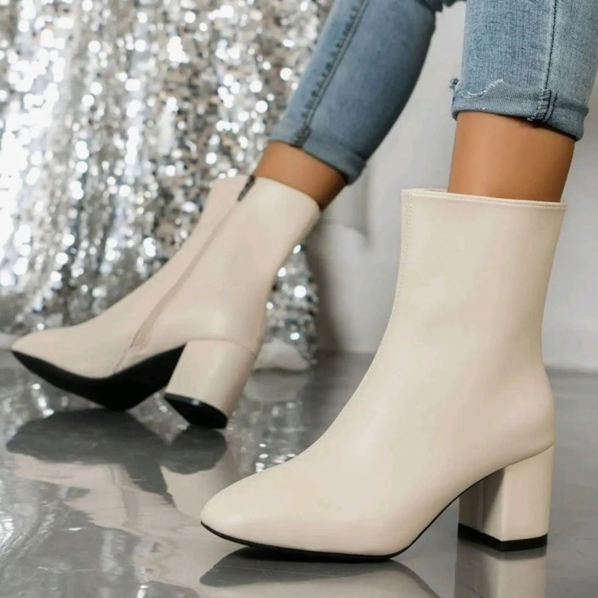 Faustine | Black Chunky Block Heel Leather Ankle Boots Low Heeled — Beige