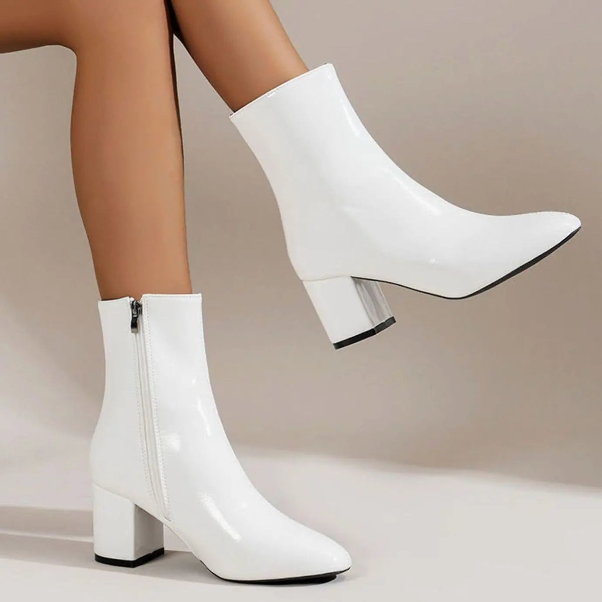 Faustine | Black Chunky Block Heel Leather Ankle Boots Low Heeled — White