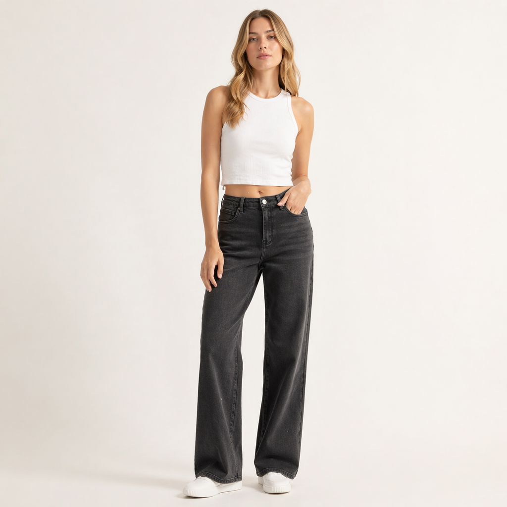 Sidonie | Black Stretchy High Waist Wide Leg Pants