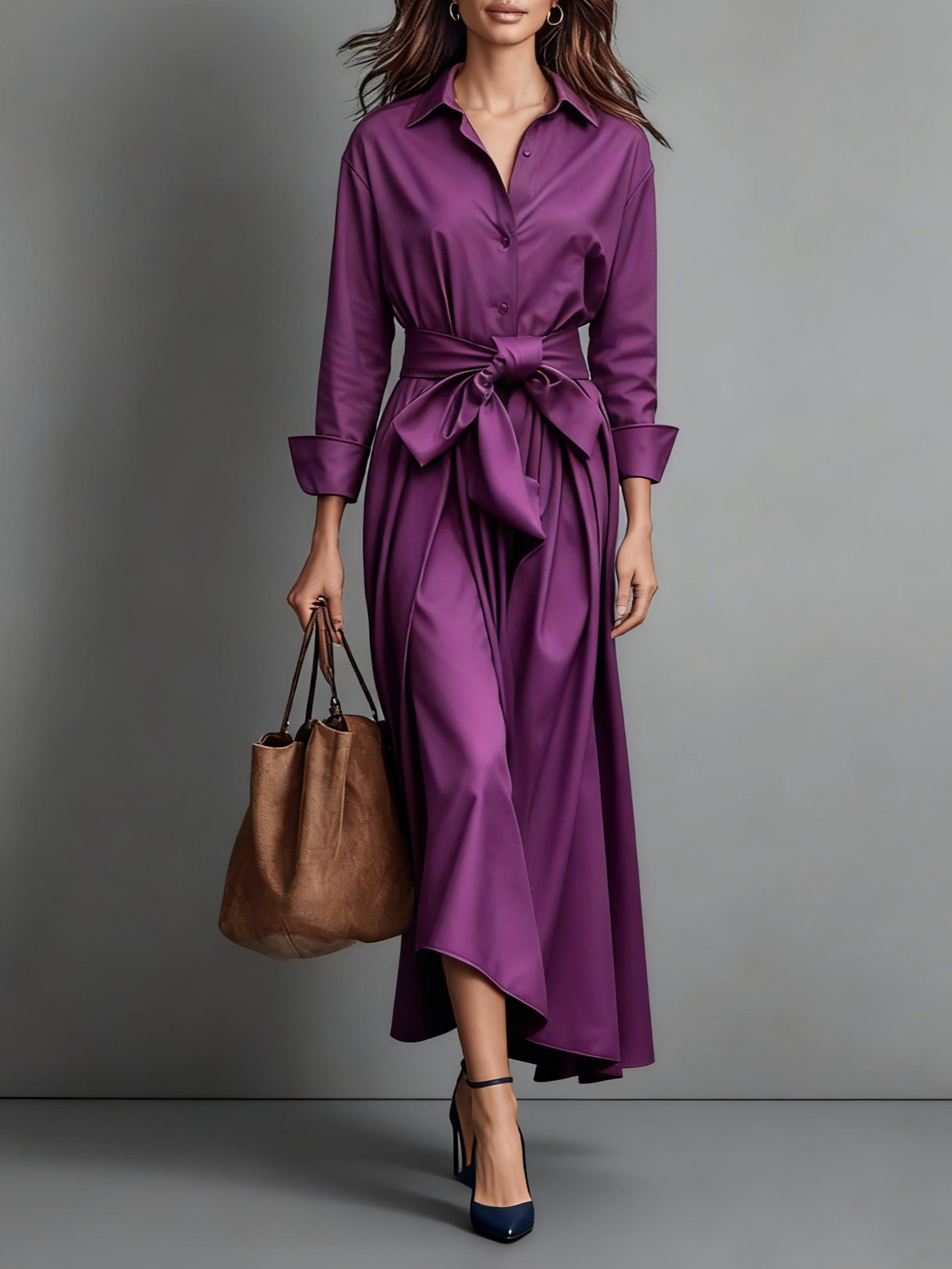 Helena | Wedding Guest Dresses With Sleeves Midi Shirt Collar — Purple