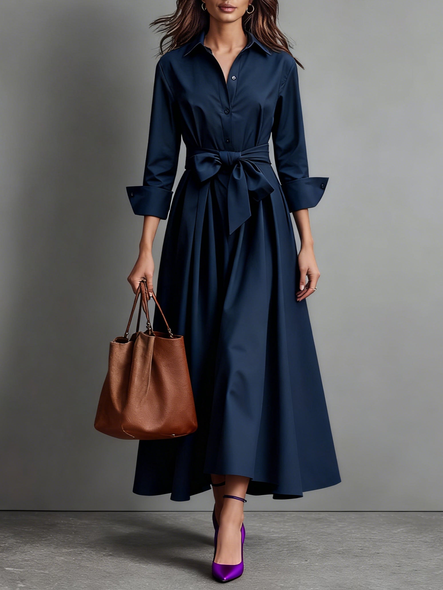 Helena | Wedding Guest Dresses With Sleeves Midi Shirt Collar — Navy
