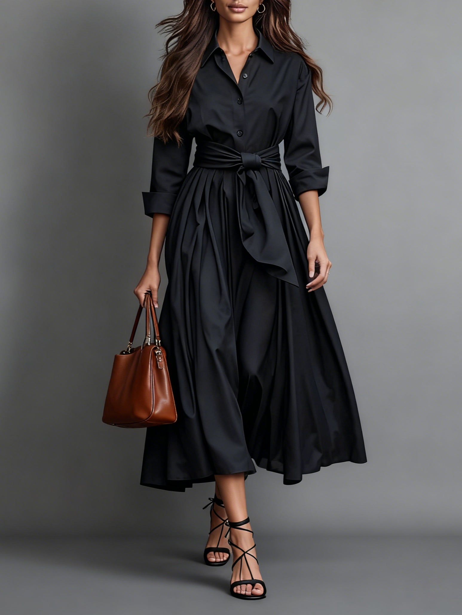 Helena | Wedding Guest Dresses With Sleeves Midi Shirt Collar — Black