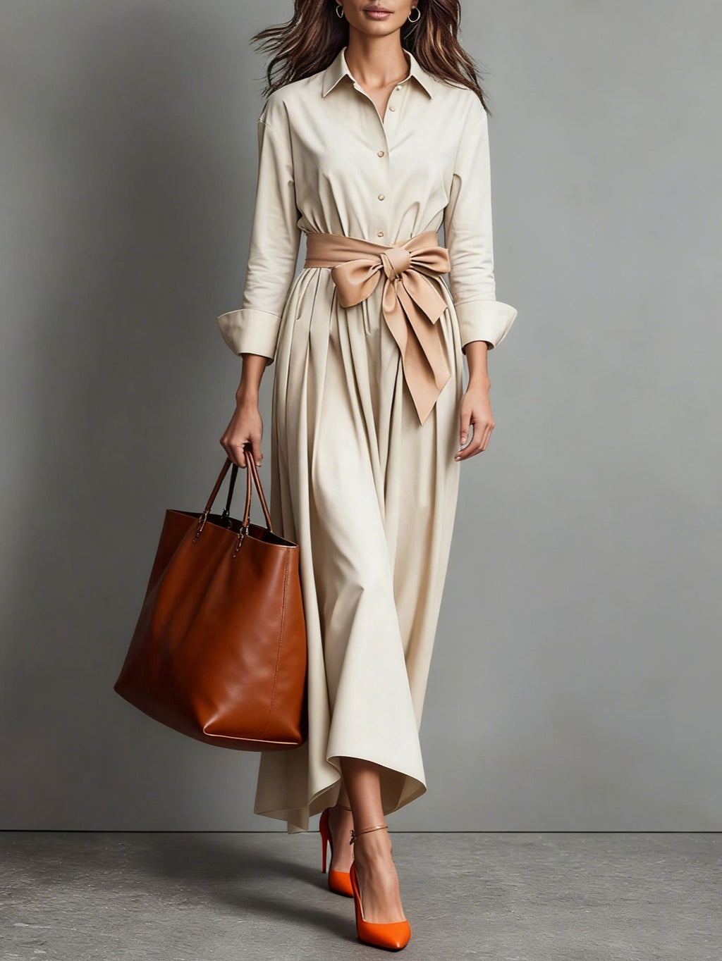 Helena | Wedding Guest Dresses With Sleeves Midi Shirt Collar — Beige