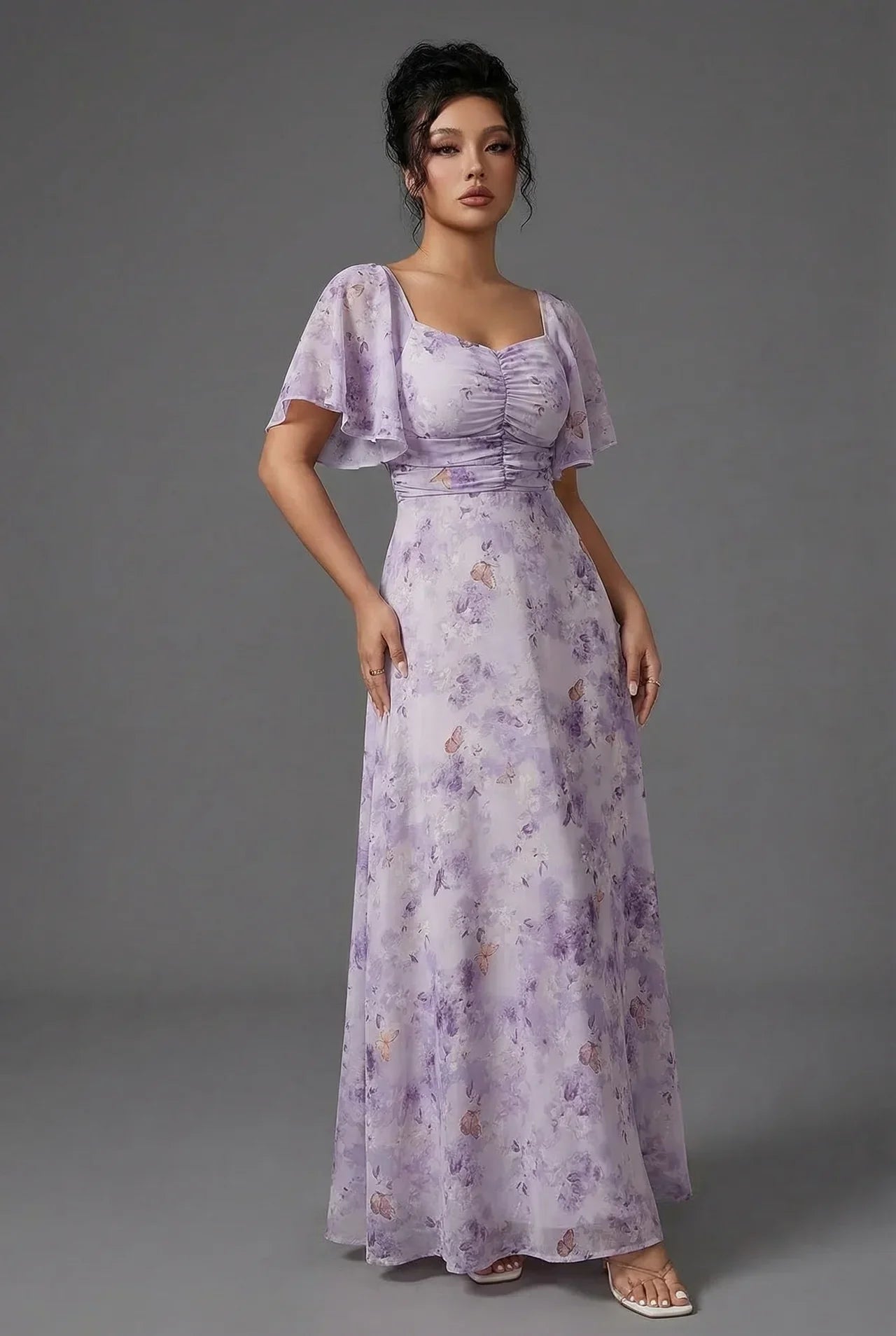Fleur | Floral Bridesmaid Dresses Maxi Flutter Sleeve Chiffon